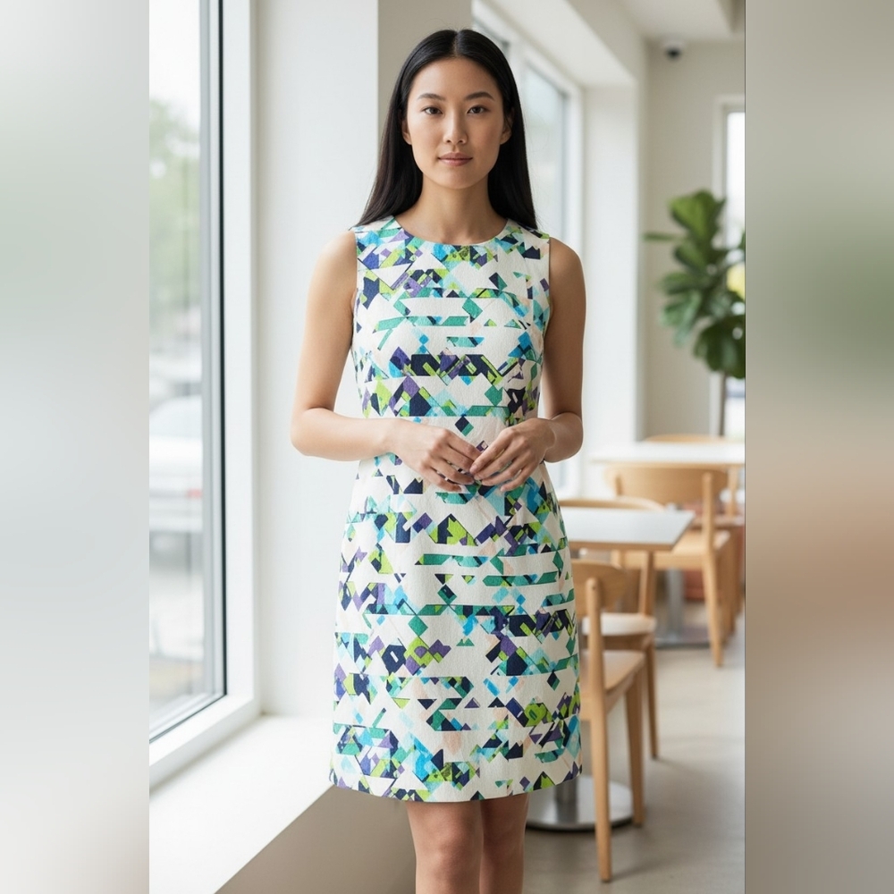 Vince Camuto NWT Geometric Print Mock Neck Shift Cocktail Dress Size 2